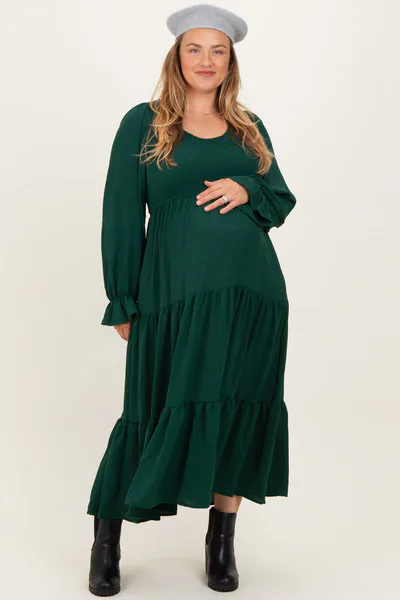 PinkBlush Forest Green Smocked Tiered Long Sleeve Plus Maternity Maxi Dress