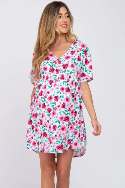 PinkBlush Ivory Floral Short Sleeve Babydoll Maternity Dress