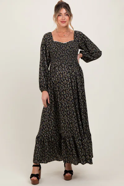 PinkBlush Black Floral Smocked Lace Trim Sweetheart Maternity Maxi Dress