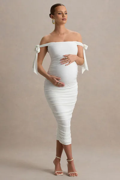 Club L London Chandelier | White Bardot Maternity Midi Dress With Bow Details