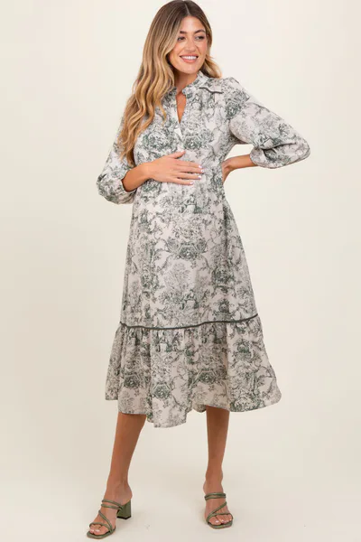 PinkBlush Forest Green Printed Split Ruffle Collar Maternity Midi Dress