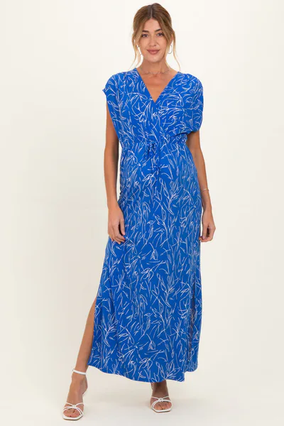 PinkBlush Royal Blue Printed Wrap Maternity Maxi Dress