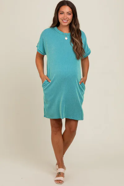 PinkBlush Turquoise Ribbed Rolled Cuff Maternity Dress