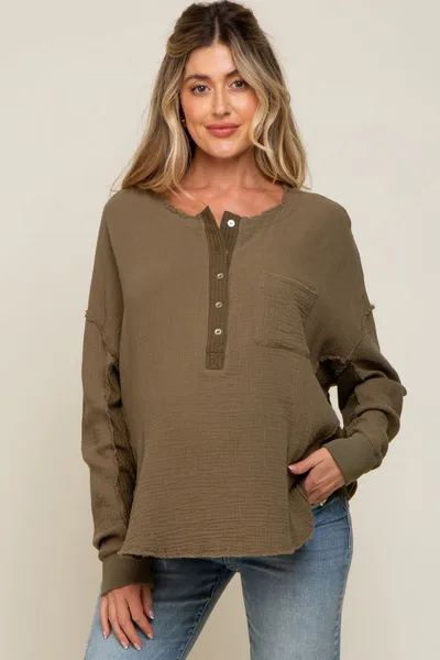 PinkBlush Olive Front Button Drop Shoulder Long Sleeve Maternity Top