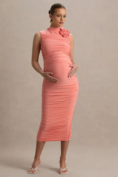 Club L London Shellie | Coral High-Neck Maternity Midi Dress With Corsage Detail