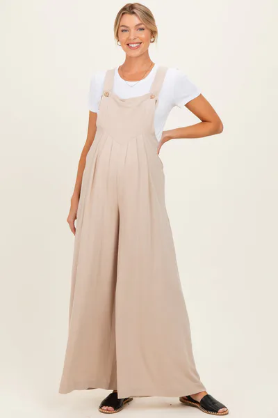 PinkBlush Beige Super Wide Leg Overall Maternity Jumpsuit