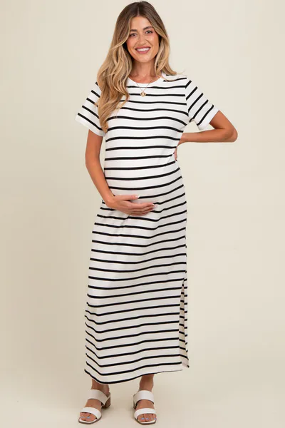 PinkBlush White Striped Side Slit Maternity Maxi Dress