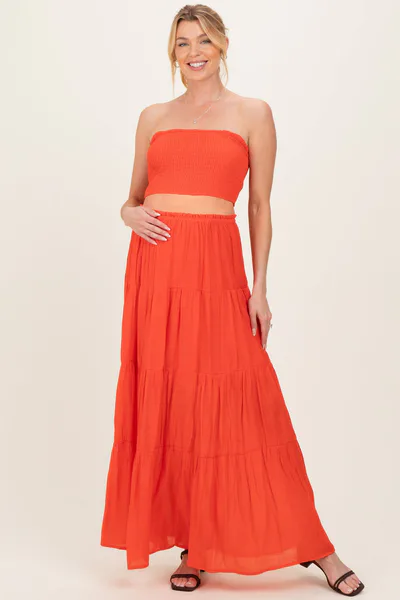 PinkBlush Orange Smocked Tube Top Tiered Skirt Maternity Set