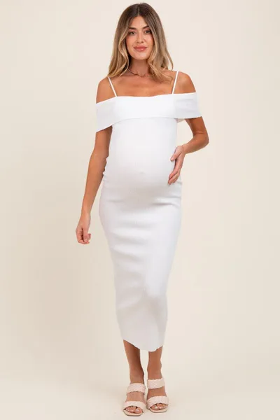 PinkBlush Ivory Rib Knit Off Shoulder Fitted Maternity Midi Dress