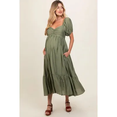 Target Pinkblush Olive Ruched Sweetheart Neck Tiered Maternity Midi Dress Small