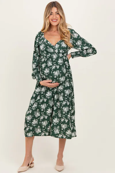 PinkBlush Forest Green Floral Crossover Neckline Maternity Midi Dress