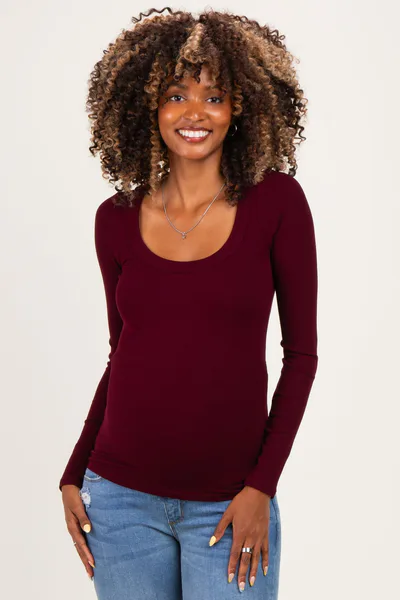 PinkBlush Burgundy Ribbed Scoop Neck Long Sleeve Maternity Top