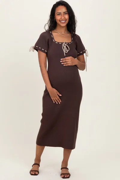 PinkBlush Brown Ribbed Knit Stitch Detail Maternity Midi Dress