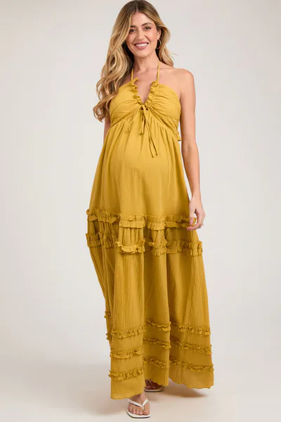PinkBlush Yellow Ruffle Ruched Deep V-Neck Maternity Maxi Dress