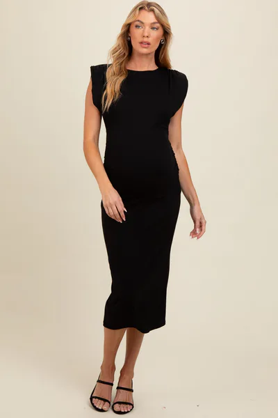 PinkBlush Black Padded Shoulder Fitted Maternity Midi Dress