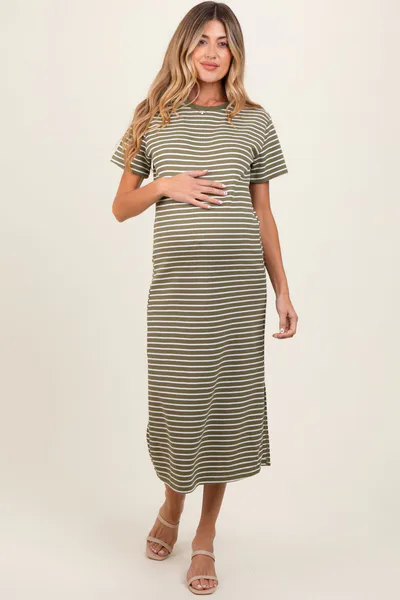 PinkBlush Olive Striped Short Sleeve Side Slit Maternity T-Shirt Midi Dress
