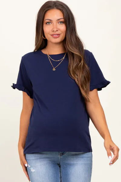 PinkBlush Navy Ruffle Trim Short Sleeve Maternity T-Shirt