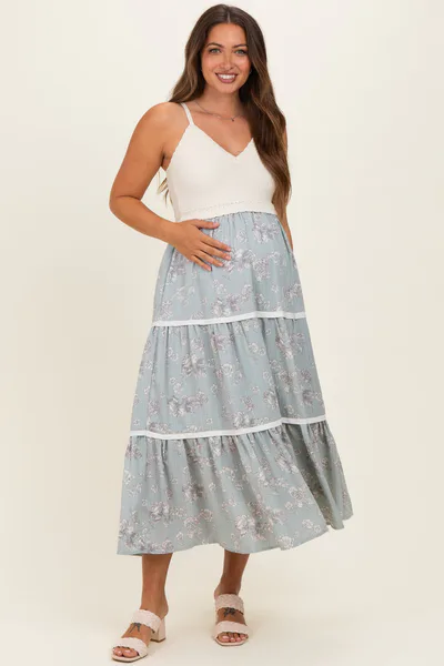 PinkBlush Dusty Mint Floral Crochet Knit Top Floral Skirt Maternity Dress