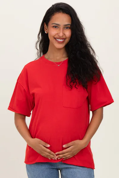 PinkBlush Red Vintage Wash Raw Edge Pocket Maternity T-Shirt