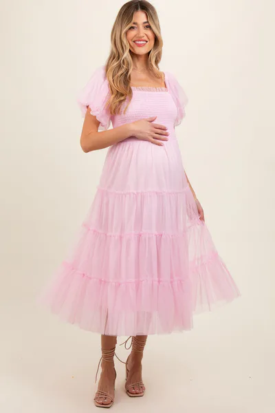 PinkBlush Light Pink Smocked Tiered Tulle Maternity Midi Dress