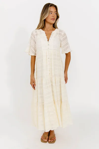 Worth Collective Kristin Tiered Woven Maxi Dress with Detachable Liner in Ivory - Bump Friendly