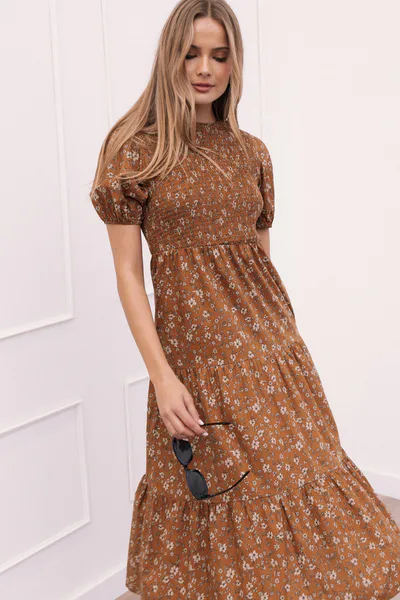Petal & Pup Naura Shirred Tiered Midi Dress - Cognac Floral
