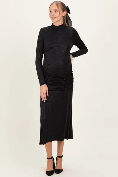 PinkBlush Black Sequin Long Sleeve Mock Neck Maternity Maxi Dress