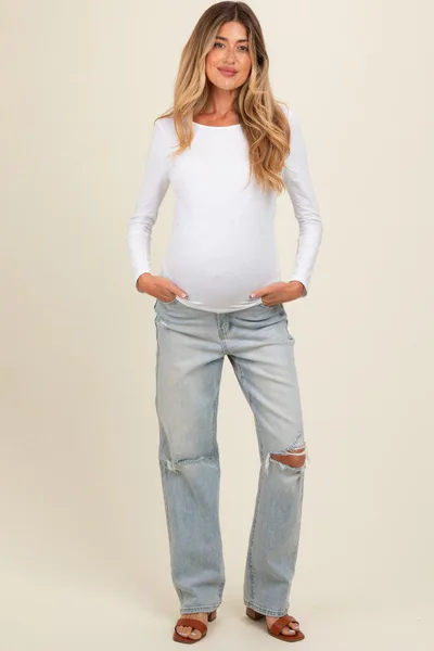 PinkBlush Light Blue Open Knee Relaxed Straight Leg Maternity Jeans