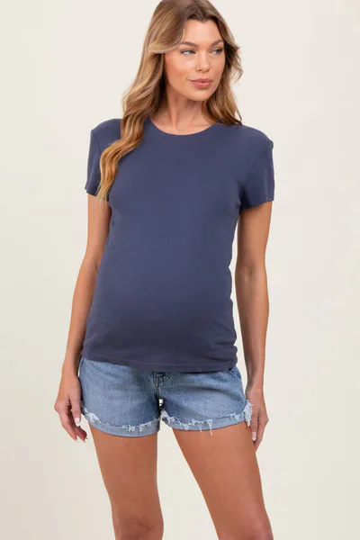 PinkBlush Blue High Rise Cuffed Maternity Denim Shorts