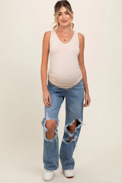 PinkBlush Blue Distressed Open Knee Maternity Wide Leg Jeans