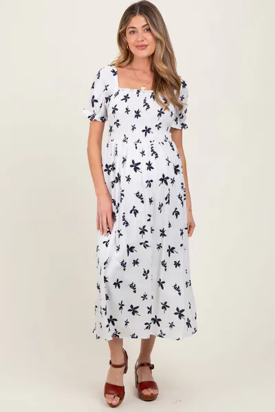 PinkBlush Ivory Floral Puff Sleeve Maternity Midi Dress