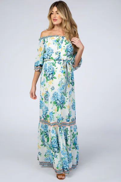PinkBlush Ivory Floral Off Shoulder Maternity Maxi Dress