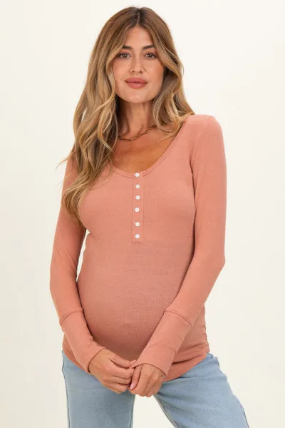 PinkBlush Peach Ribbed Henley Maternity Top