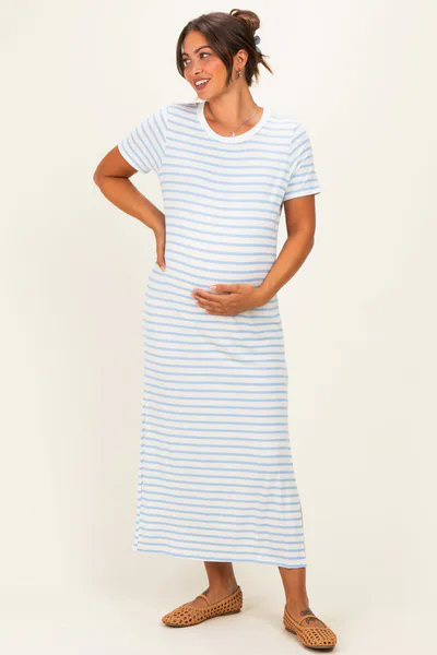 PinkBlush Light Blue/ Ivory Striped Short Sleeve Maternity Midi Dress