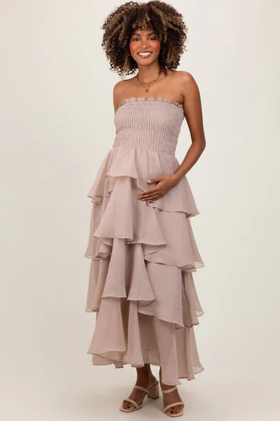 PinkBlush Beige Layered Maternity Maxi Dress