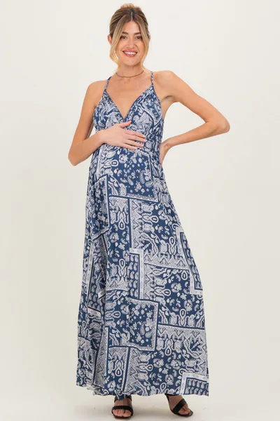 PinkBlush Navy Printed Crisscross Back Maternity Maxi Dress