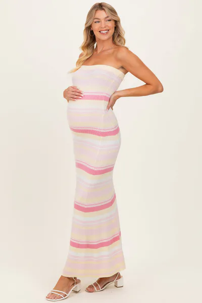PinkBlush Pink Multi Striped Strapless Flare Maternity Maxi Dress