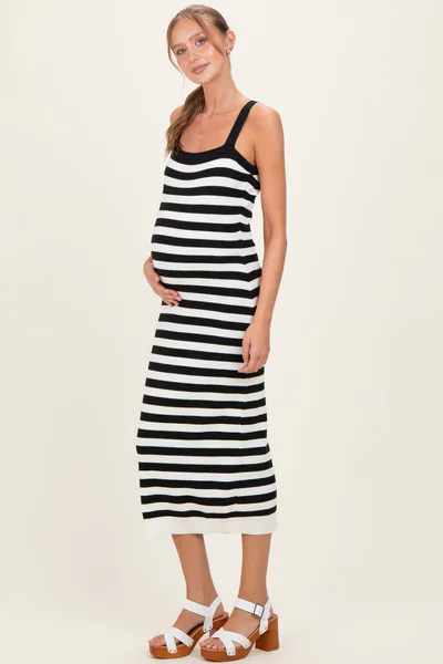 PinkBlush Black Striped Square Neck Sleeveless Knit Maternity Midi Dress