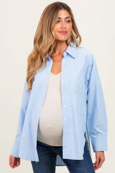 PinkBlush Light Blue Striped Button Down Oversized Maternity Shirt