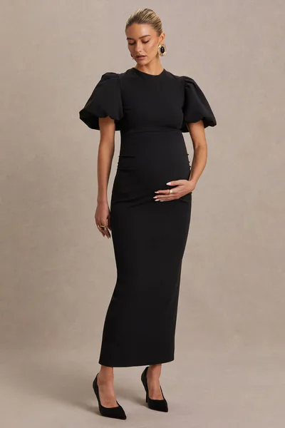 Club L London Luna | Black Crew-Neck Maternity Midi Dress With Puff-Sleeves