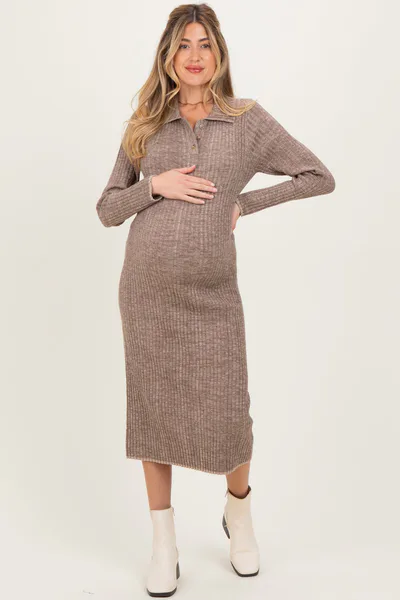 PinkBlush Mocha Striped Rib Knit Maternity Polo Sweater Dress