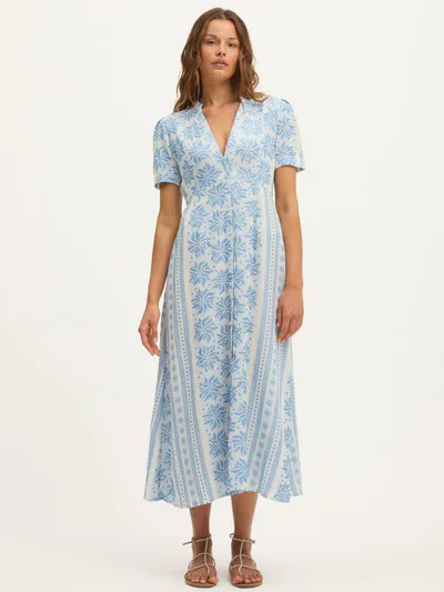 For The Creators Deborah Waffle Midi Dress in Bright White and Blue