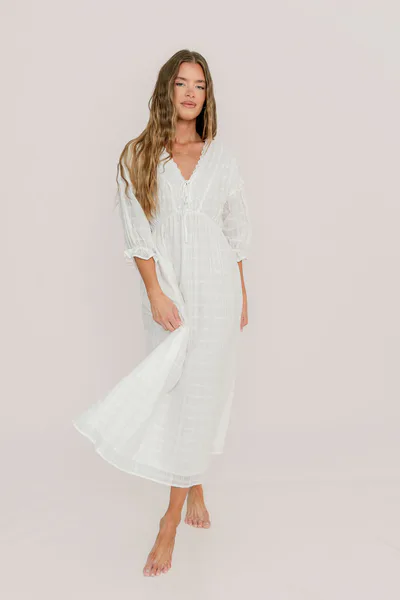 Worth Collective Hunter 100% Cotton Midi Dress with Lace Trim in Ivory - Bump Friendly