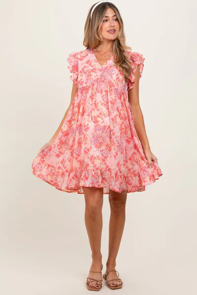 PinkBlush Pink Floral Chiffon Ruffle Short Sleeve Maternity Dress