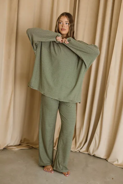 Worth Collective Naomi Mini Stripe Oversized Fleece Long Sleeve Top in Army Green - Bump Friendly