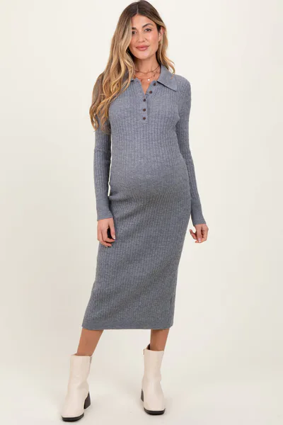 PinkBlush Heather Grey Cable Knit Button Up Maternity Midi Dress