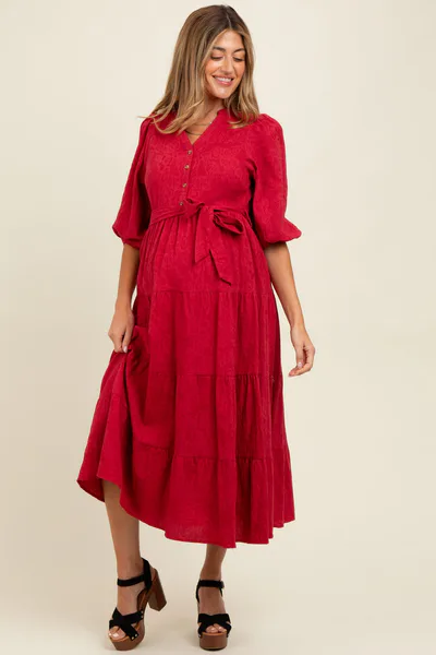 PinkBlush Burgundy Floral Jacquard Button Front Tiered Maternity Dress