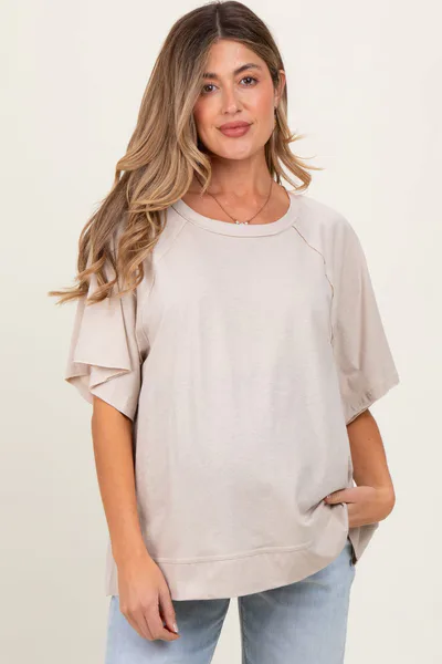 PinkBlush Beige Oversized Raw Hem Short Sleeve Maternity Tee