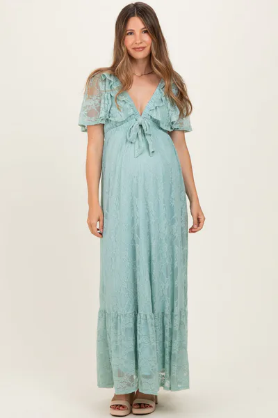 PinkBlush Sage Aqua Lace Flutter Sleeve Tiered Maternity Maxi Dress