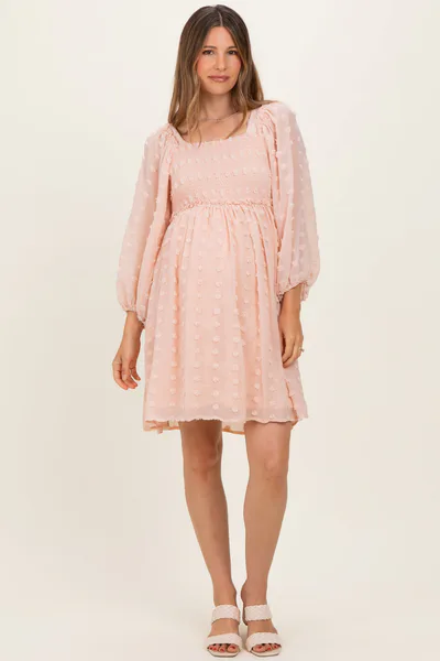 PinkBlush Peach Textured Dot Smocked Square Neck Chiffon Maternity Dress